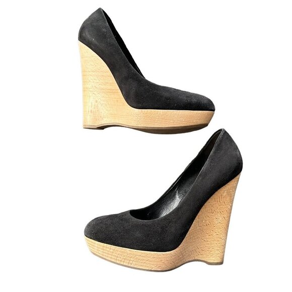 YSL Saint Maryna Black Suede Wedge Sandals sz 38.5 Euro size 8 - Picture 4 of 10